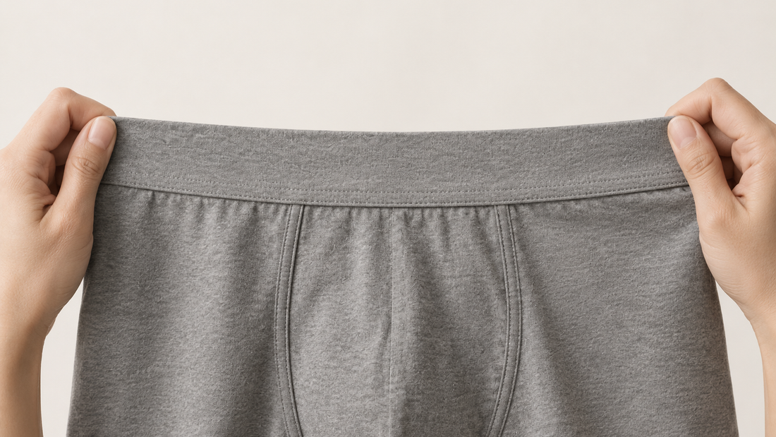 The waistband of a grey cotton trunk held gently stretched between two hands, the only stretch test a shop lets you run