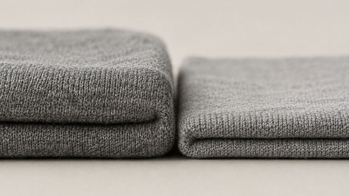 Two folded cotton knit fabrics of different weights photographed edge-on to show the difference in thickness.