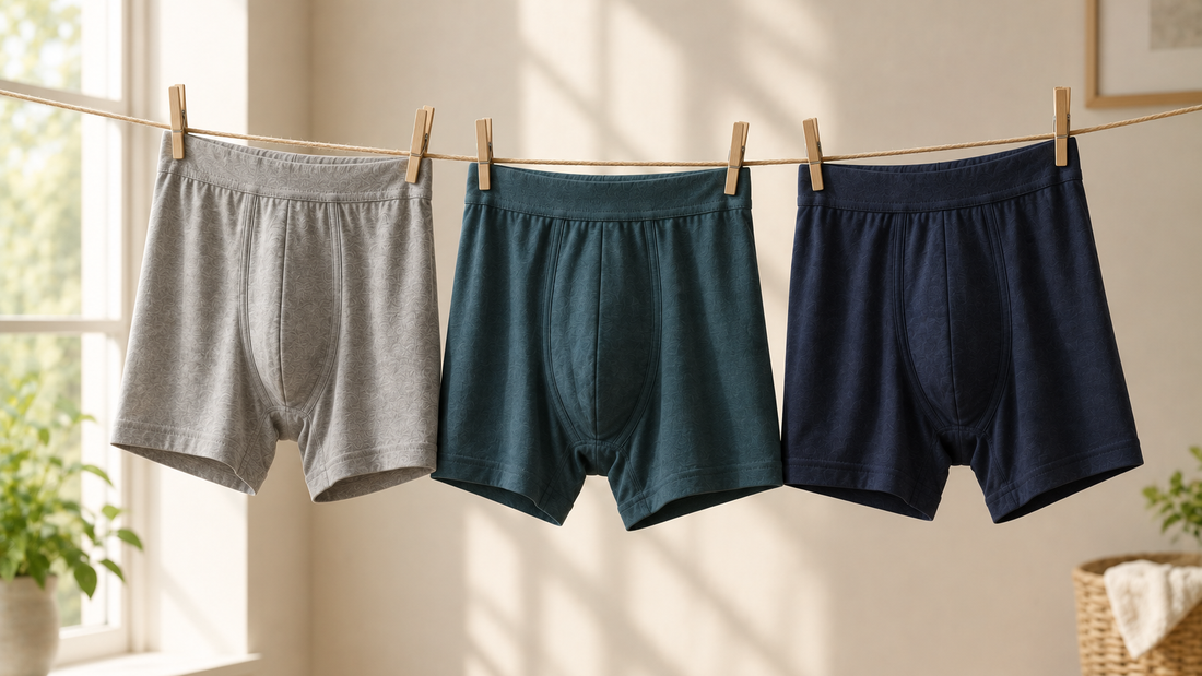 Cotton trunks air-drying on an indoor clothesline in daylight, the washing and drying routine that decides how long underwear stays comfortable