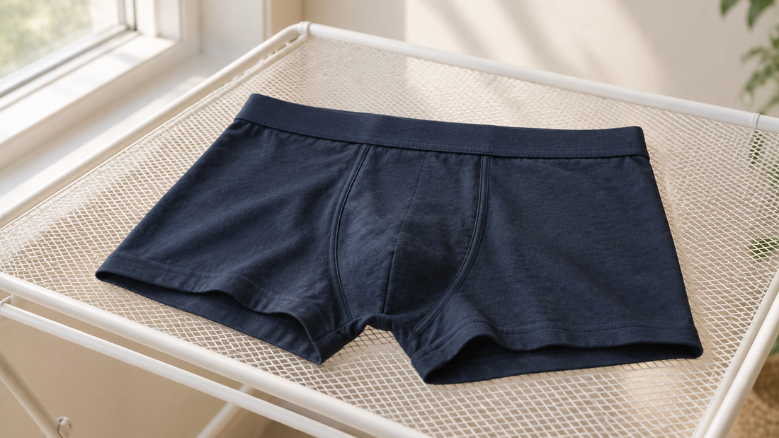 A navy cotton trunk laid flat on a mesh drying rack in daylight, the arrangement that dries fastest without hanging weight from the waistband