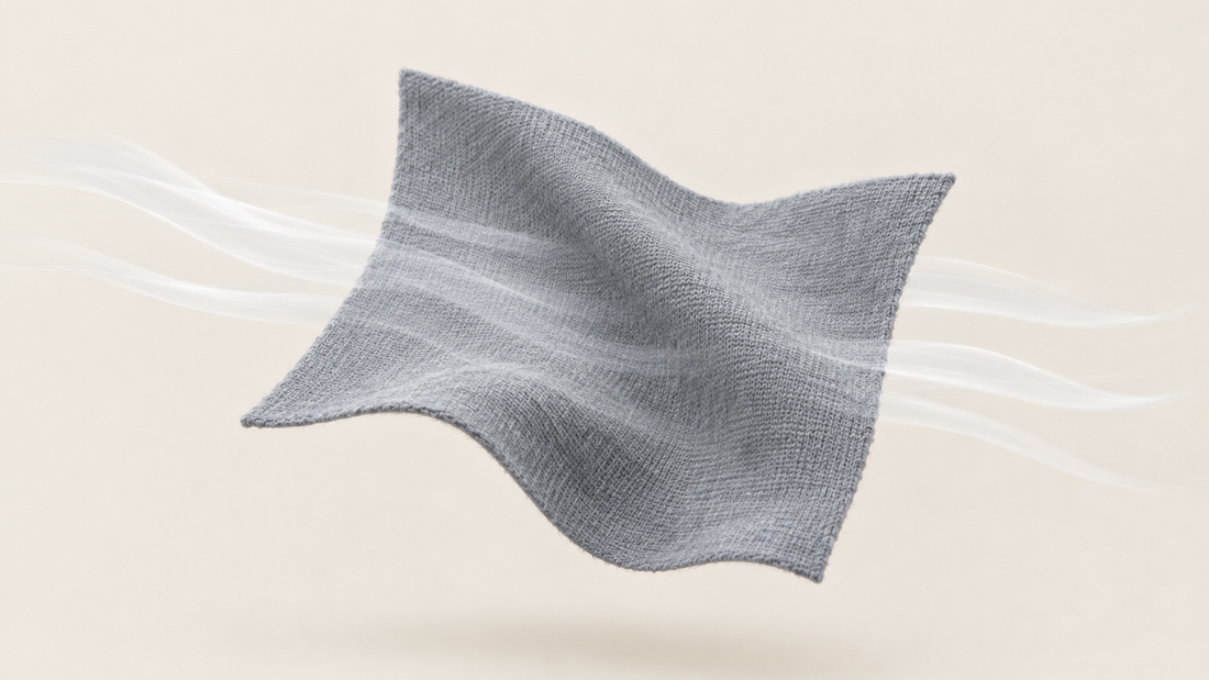 A floating square of grey cotton knit fabric with soft currents of air passing through the gaps in the knit