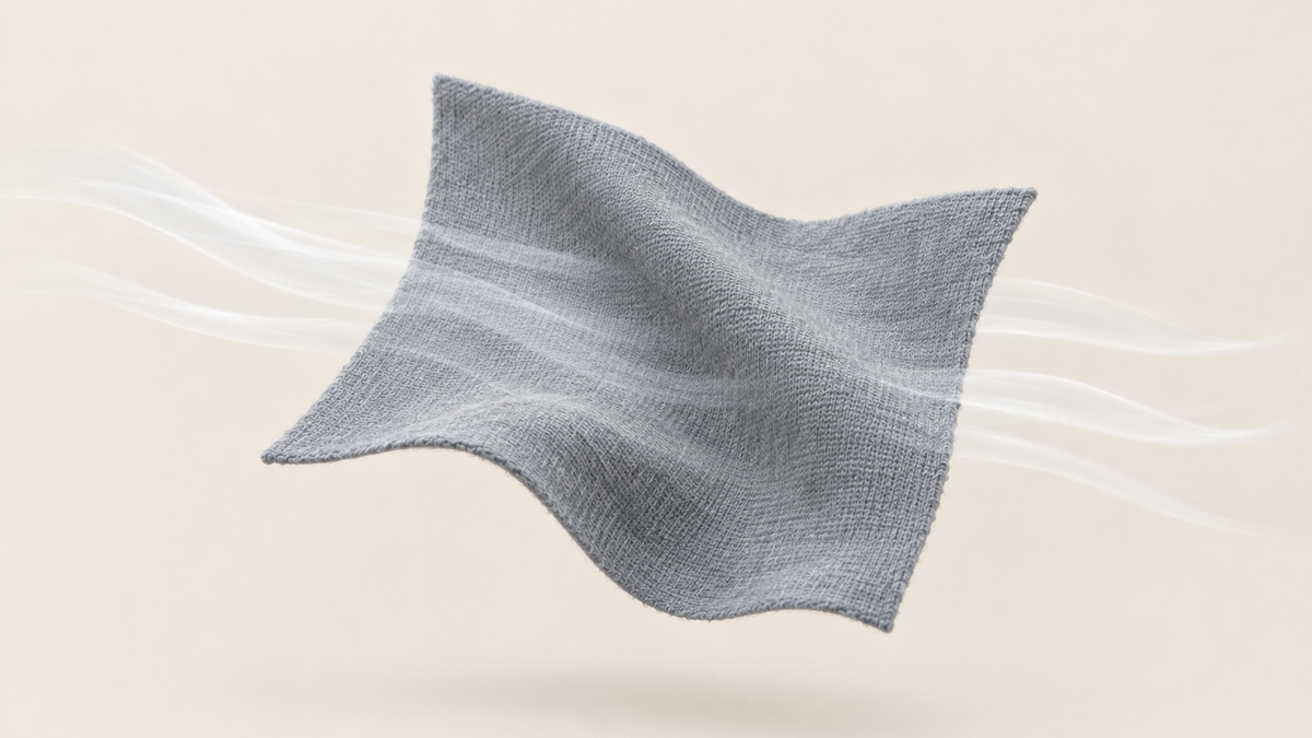 A floating square of grey cotton knit fabric with soft currents of air passing through the gaps in the knit