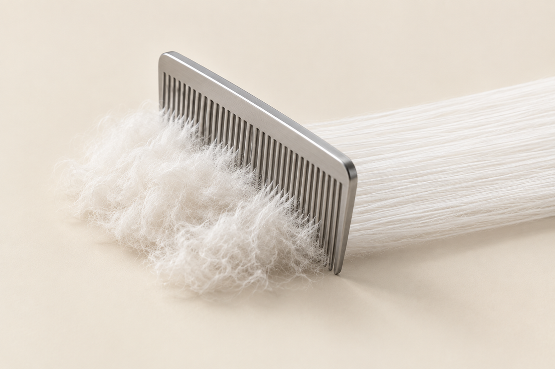 A fine steel comb drawn through raw cotton, with short tangled fibres caught on one side and long straight fibres on the other.