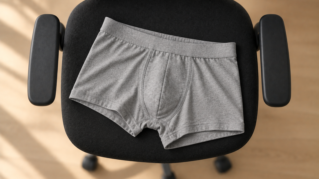 A pair of grey cotton trunks lying on the seat of an office chair, seen from above.