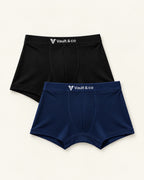CotCloud men's cotton trunks, Black + Blue 2-Pack — flat lay, front view