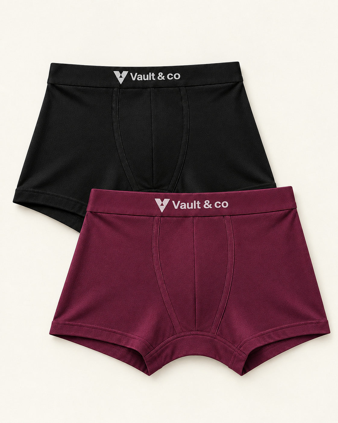 CotCloud men's cotton trunks, Black + Maroon 2-Pack — flat lay, front view
