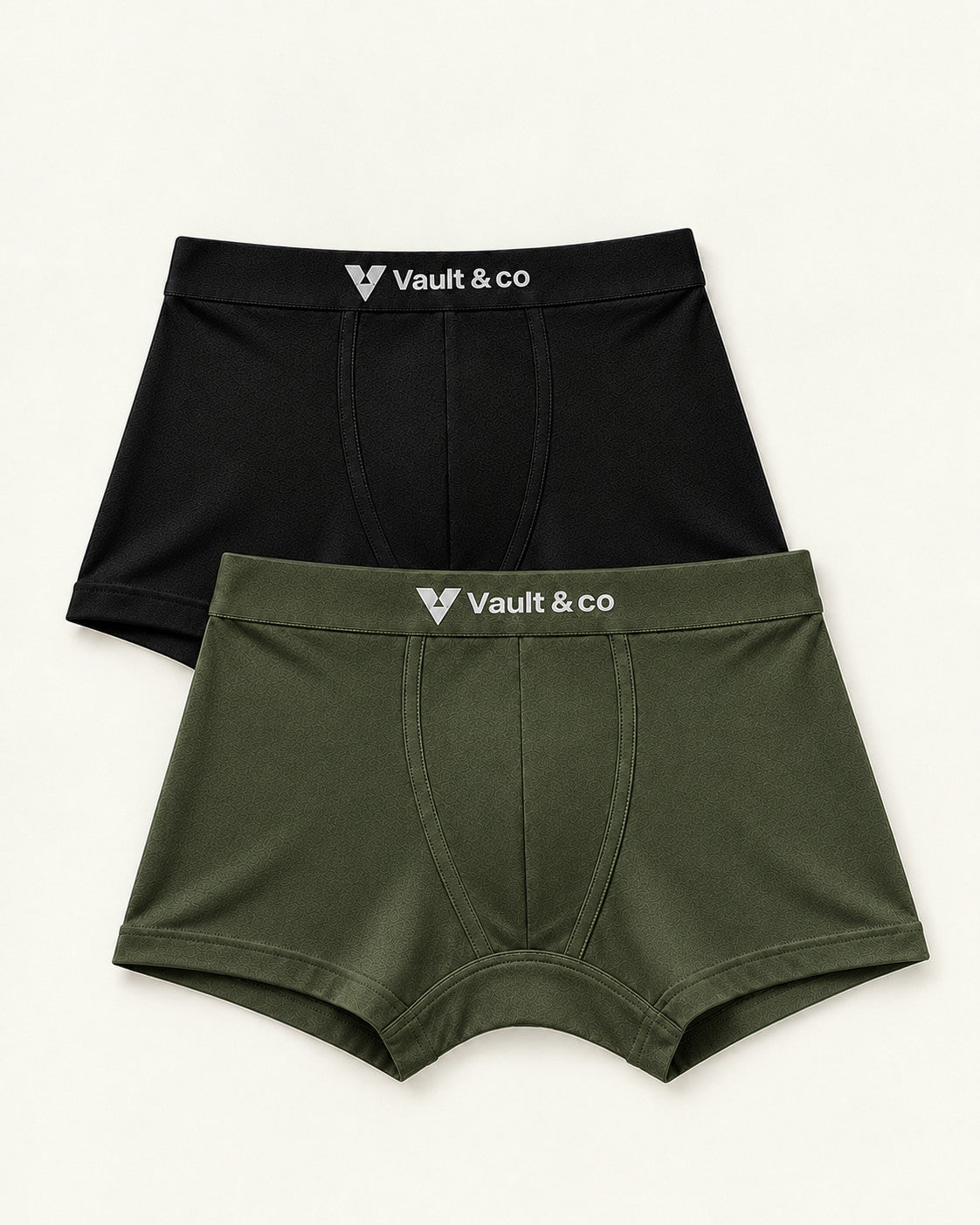 CotCloud men's cotton trunks, Black + Olive 2-Pack — flat lay, front view