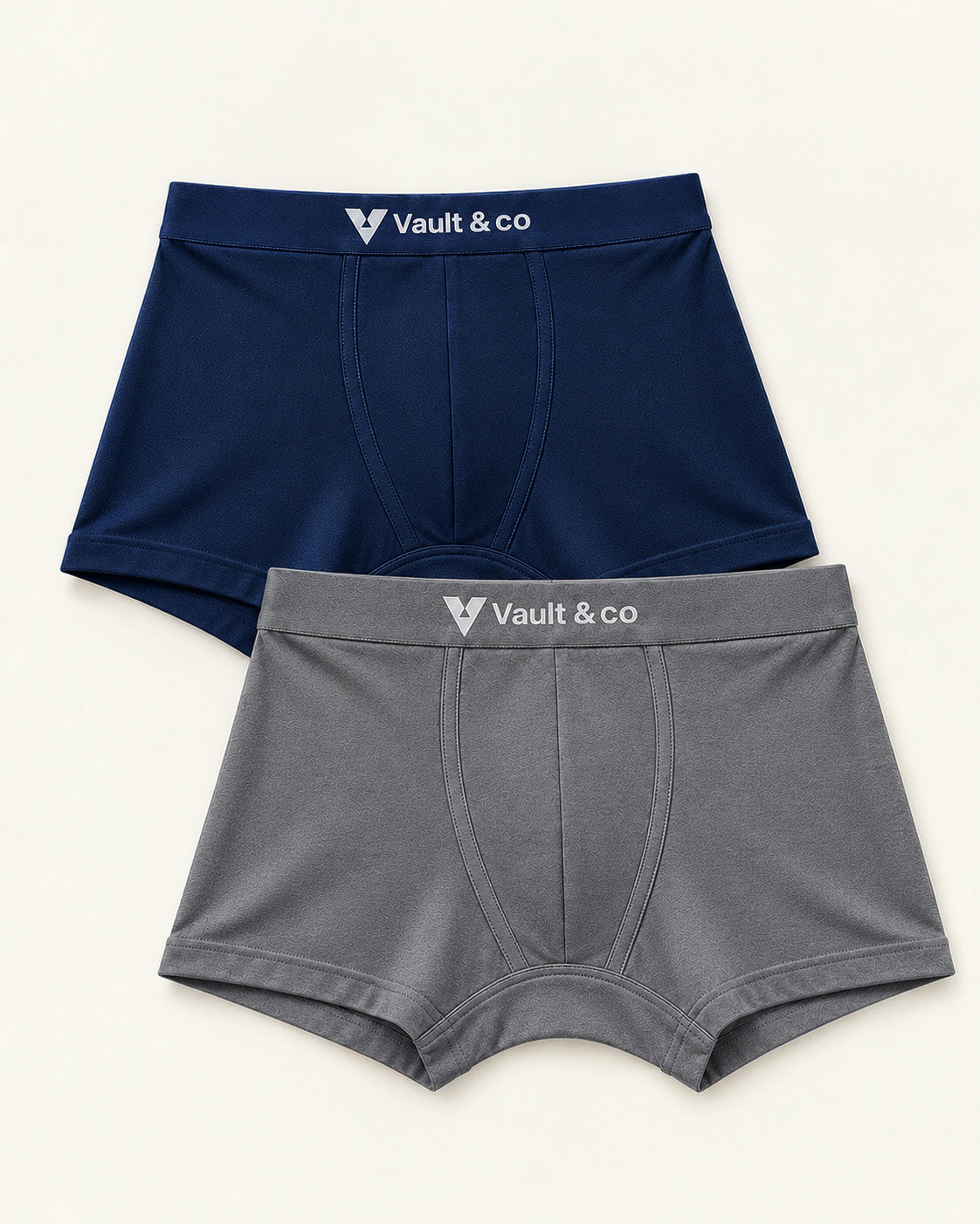 CotCloud men's cotton trunks, Blue + Grey 2-Pack — flat lay, front view