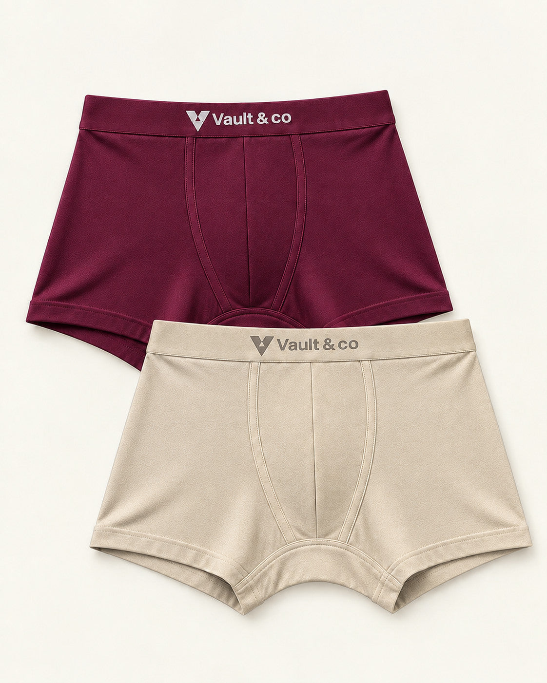 CotCloud men's cotton trunks, Maroon + Ivory 2-Pack — flat lay, front view