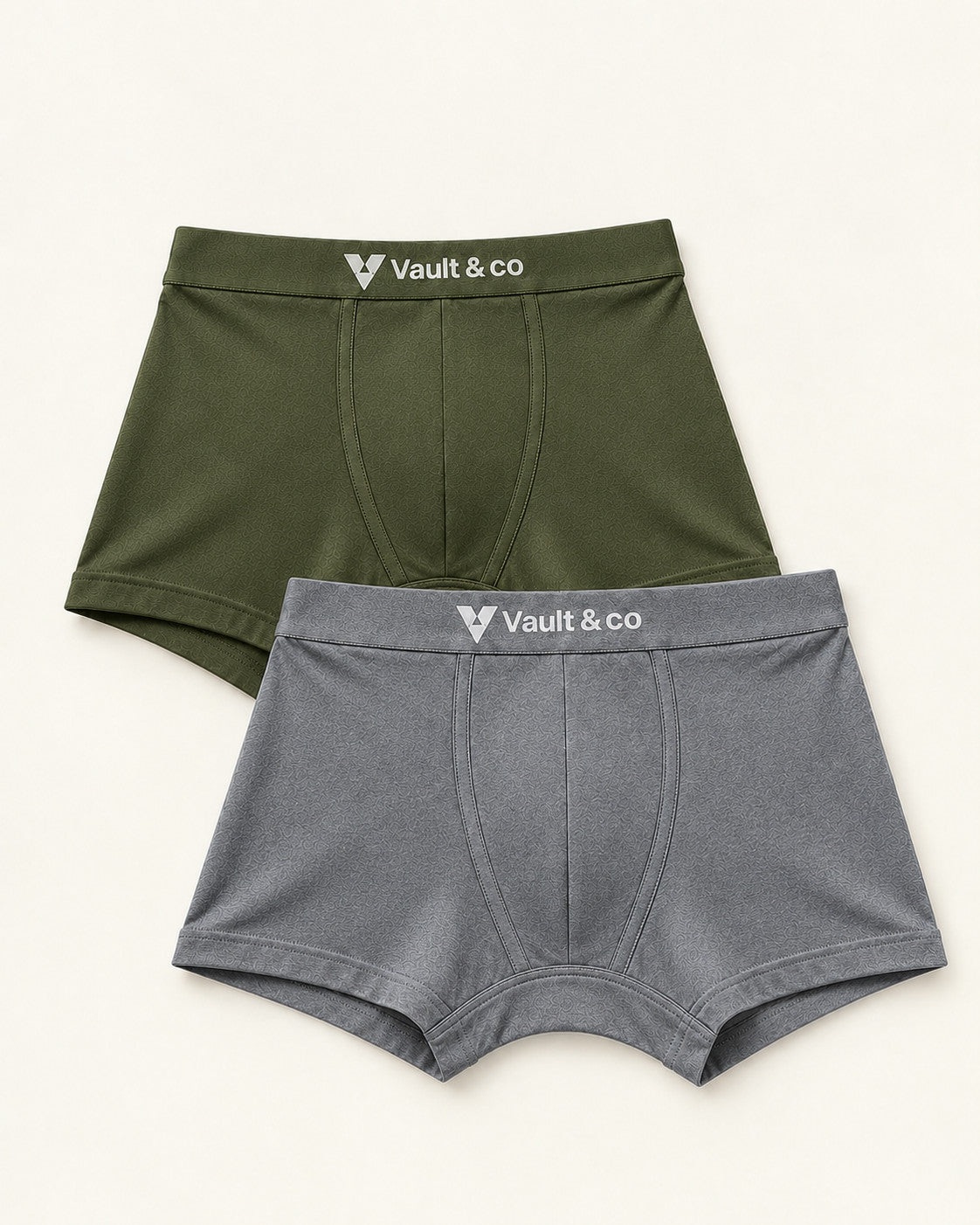 CotCloud men's cotton trunks, Olive + Grey 2-Pack — flat lay, front view