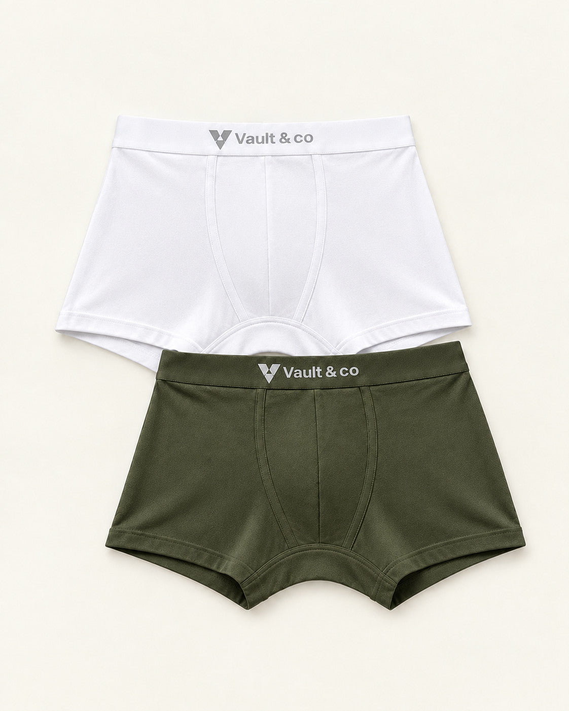 CotCloud men's cotton trunks, White + Olive 2-Pack — flat lay, front view