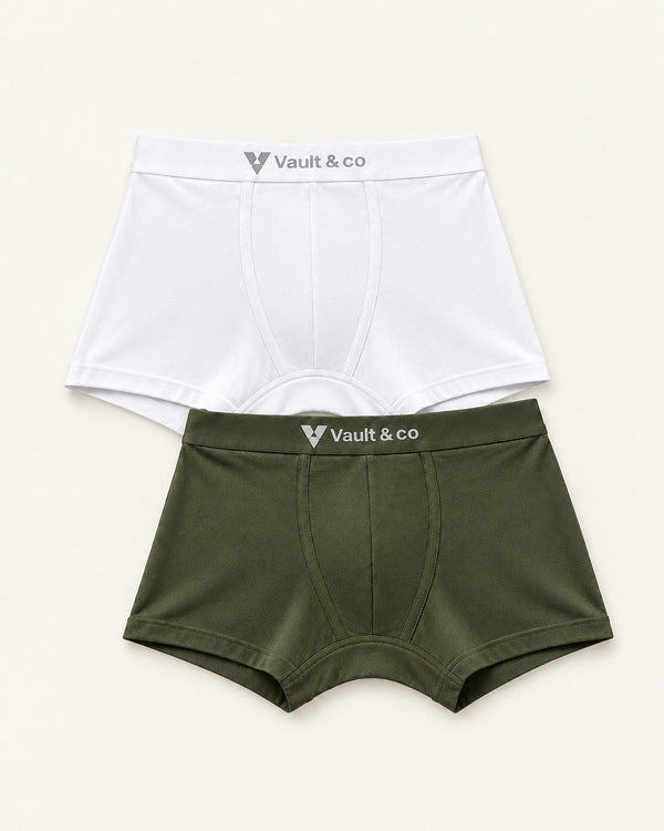 CotCloud men's cotton trunks, White + Olive 2-Pack — flat lay, front view