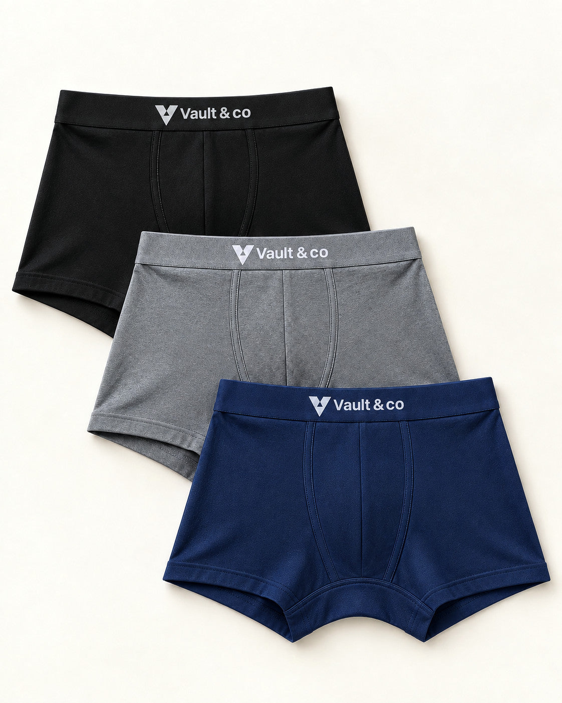CotCloud men's cotton trunks, Black + Grey + Blue 3-Pack — flat lay, front view