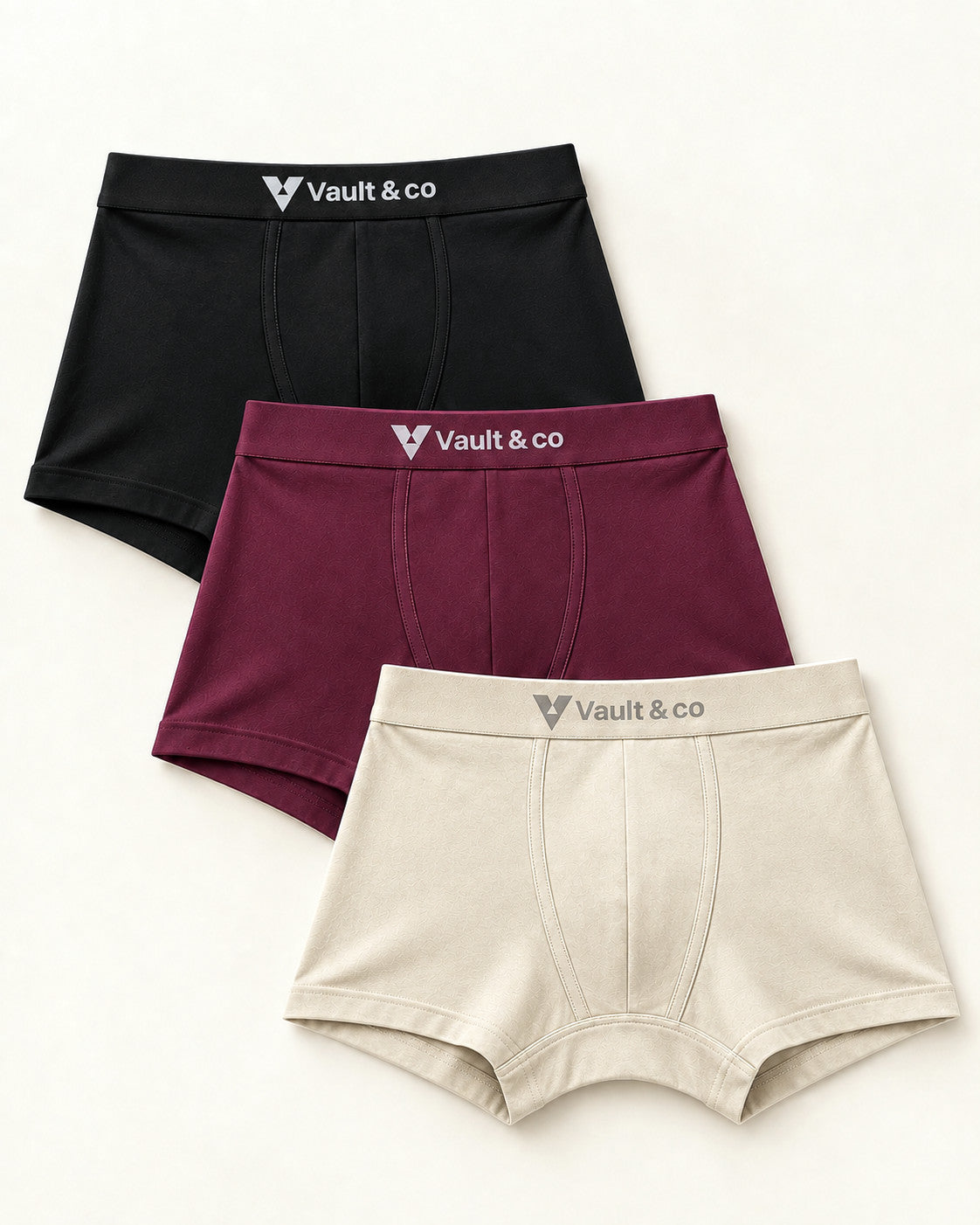 CotCloud men's cotton trunks, Black + Maroon + Ivory 3-Pack — flat lay, front view