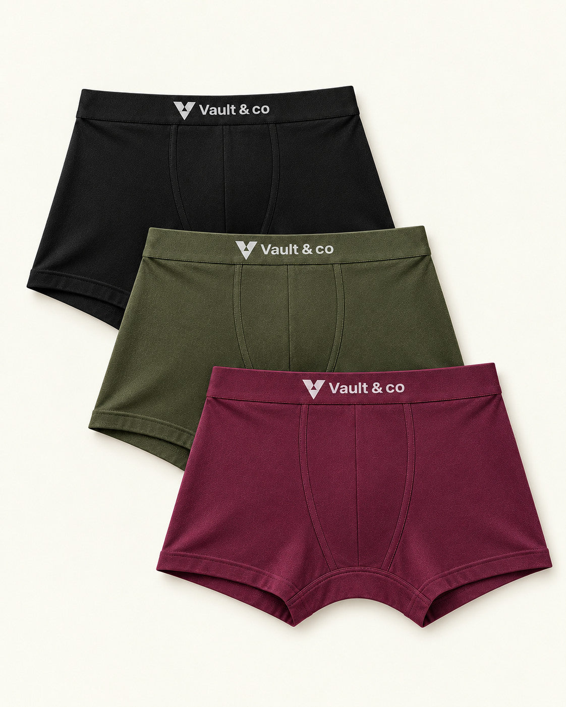 CotCloud men's cotton trunks, Black + Olive + Maroon 3-Pack — flat lay, front view