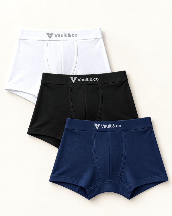 CotCloud men's cotton trunks, Black + White + Blue 3-Pack — flat lay, front view