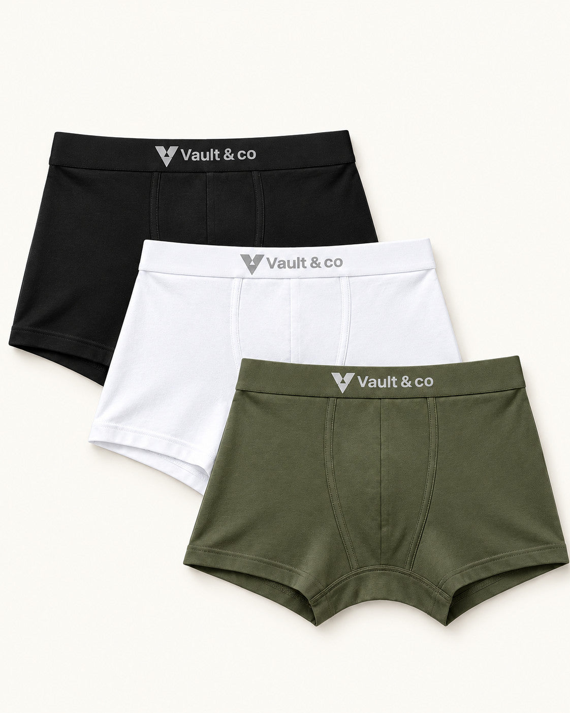 CotCloud men's cotton trunks, Black + White + Olive 3-Pack — flat lay, front view