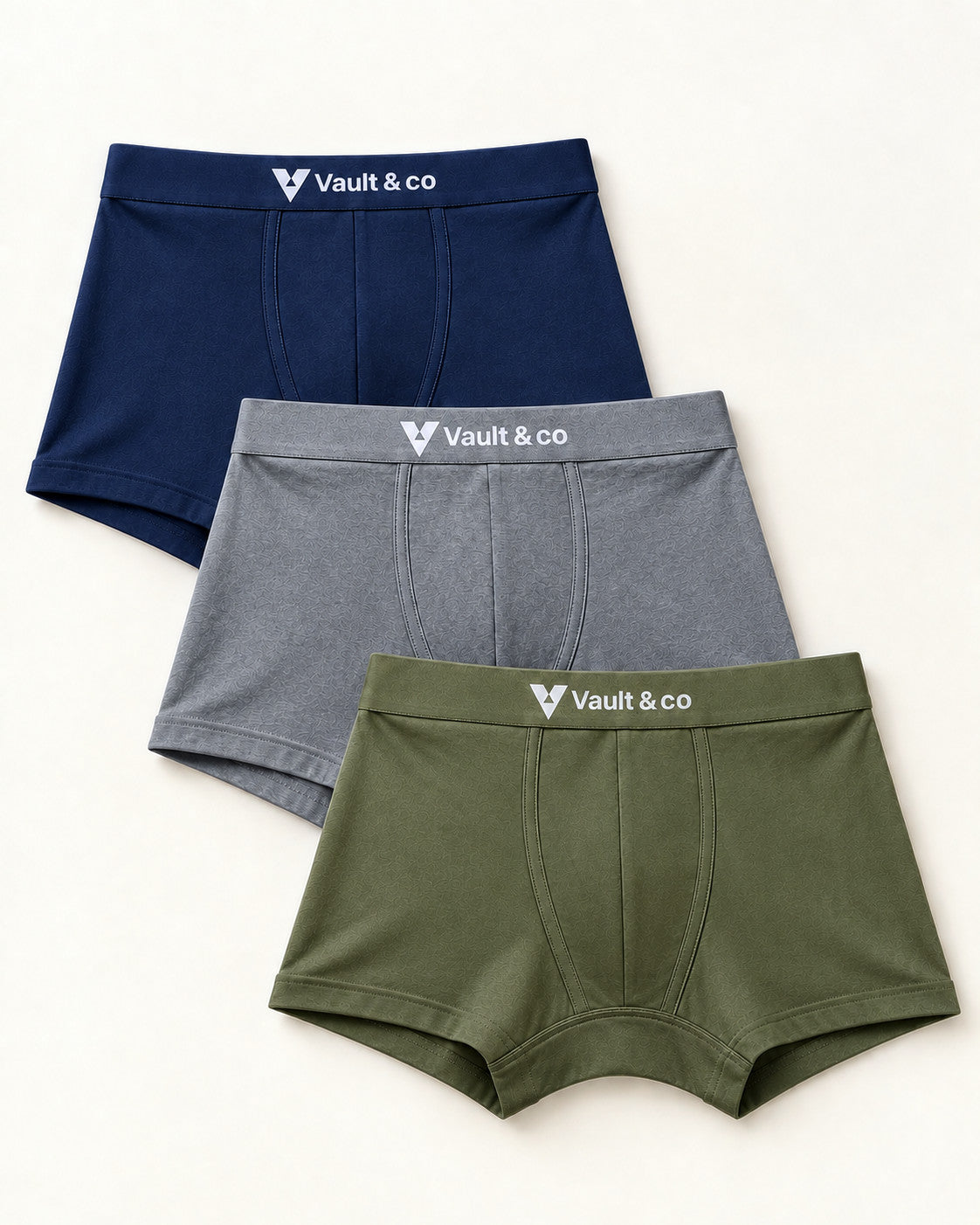 CotCloud men's cotton trunks, Blue + Grey + Olive 3-Pack — flat lay, front view