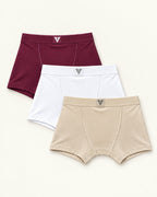 CotCloud men's cotton trunks, Maroon + White + Ivory 3-Pack — flat lay, back view
