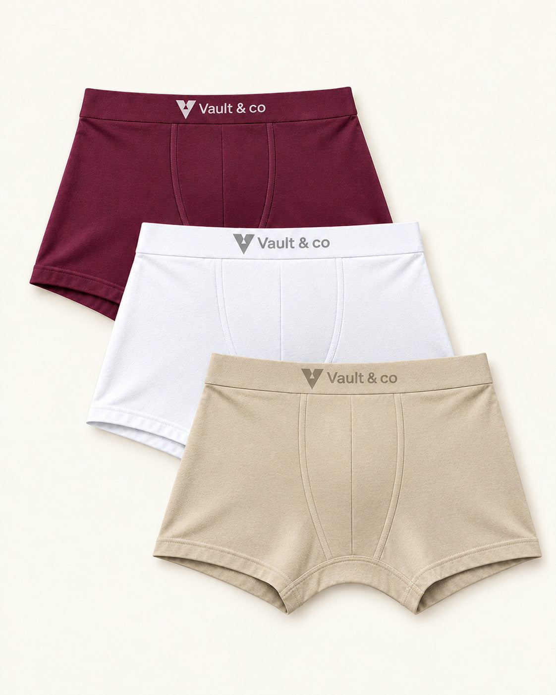 CotCloud men's cotton trunks, Maroon + White + Ivory 3-Pack — flat lay, front view