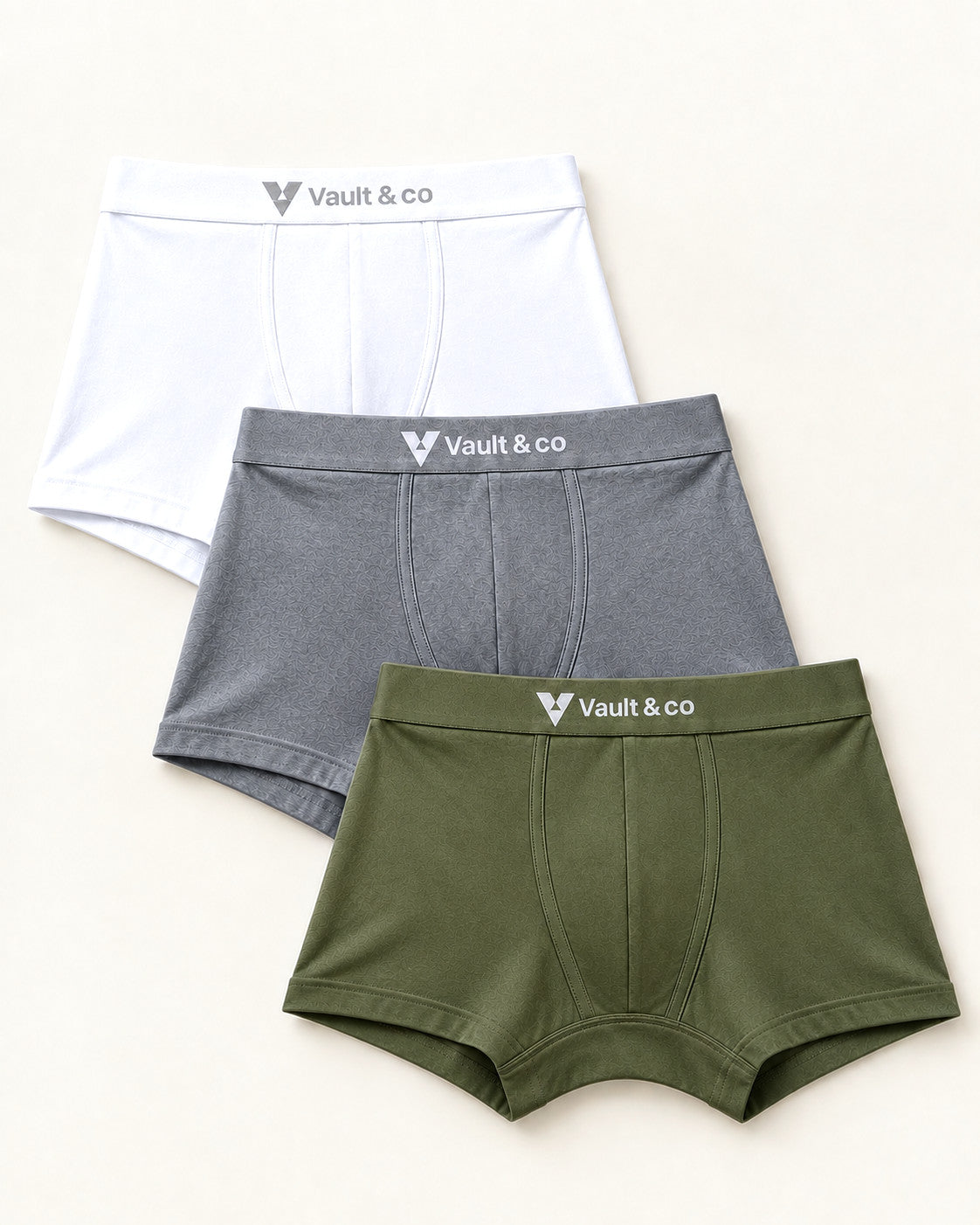 CotCloud men's cotton trunks, White + Grey + Olive 3-Pack — flat lay, front view
