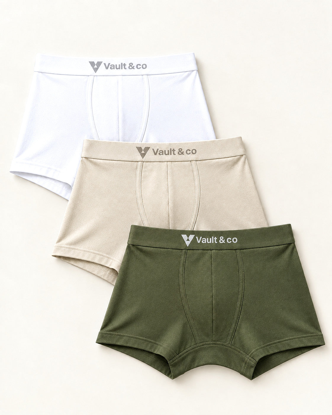 CotCloud men's cotton trunks, White + Ivory + Olive 3-Pack — flat lay, front view