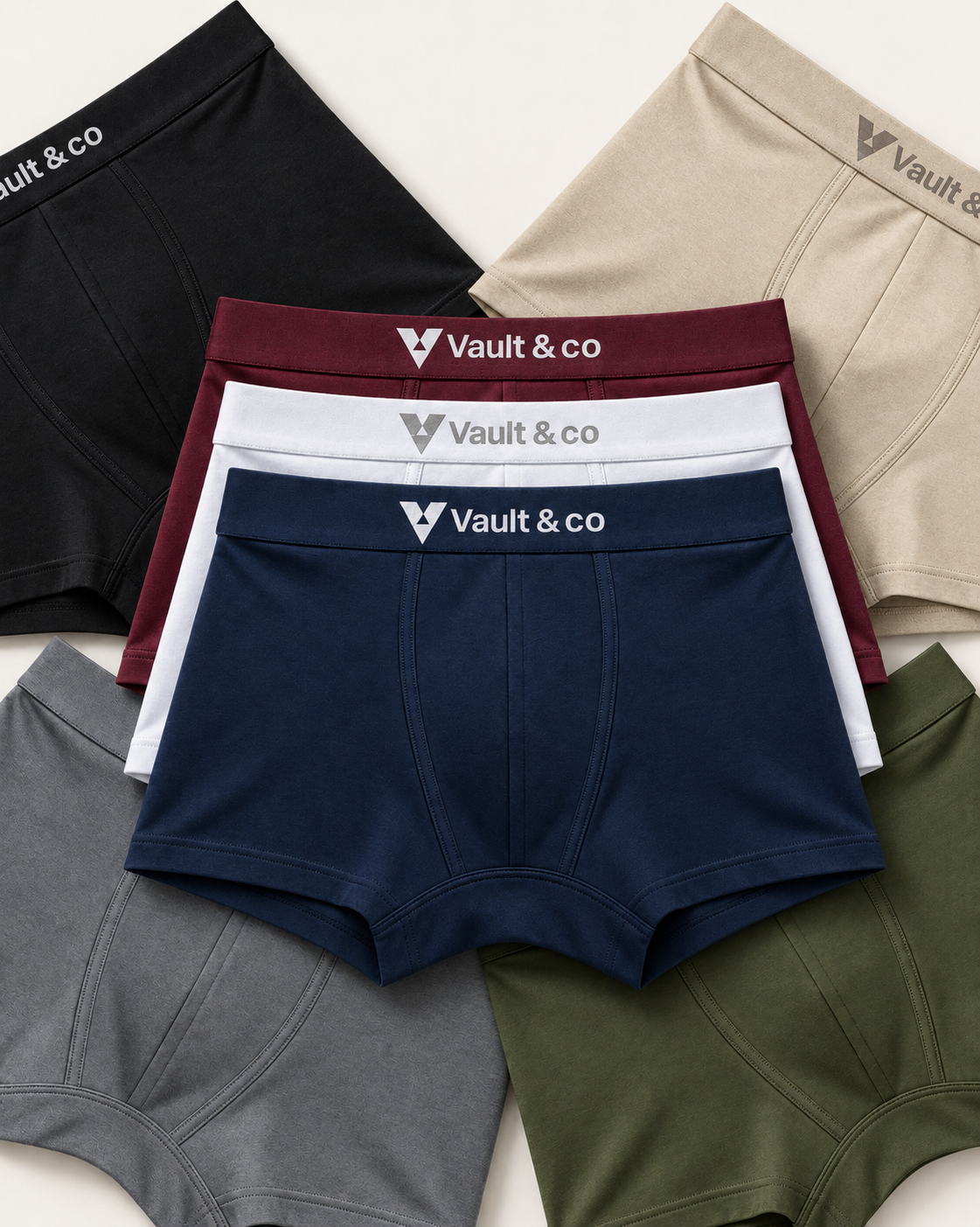 CotCloud men's cotton trunks, Build Your Own 3-Pack — Maroon, White and Blue stacked, with Black, Ivory, Grey and Olive around them