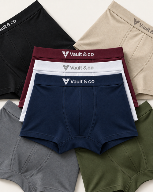 CotCloud men's cotton trunks, Build Your Own 3-Pack — Maroon, White and Blue stacked, with Black, Ivory, Grey and Olive around them