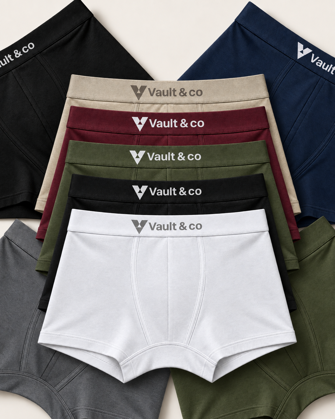 CotCloud men's cotton trunks, Build Your Own 5-Pack — Ivory, Maroon, Olive, Black and White stacked, with Black, Blue, Grey and Olive around them
