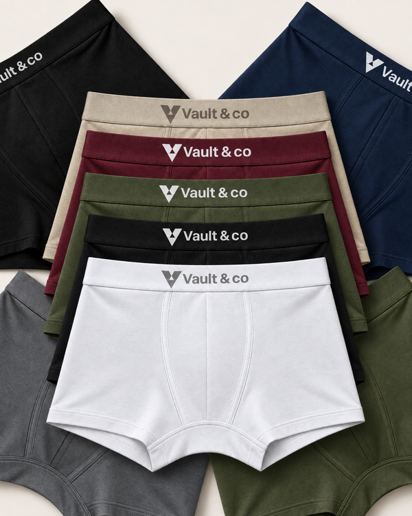 CotCloud men's cotton trunks, Build Your Own 5-Pack — Ivory, Maroon, Olive, Black and White stacked, with Black, Blue, Grey and Olive around them