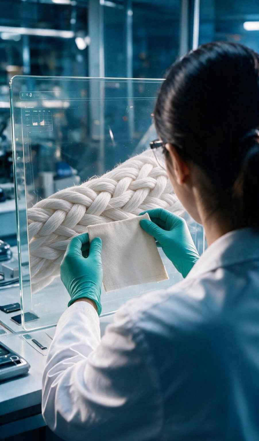 Scientist inspecting raw combed cotton fiber for Vault & co trunks