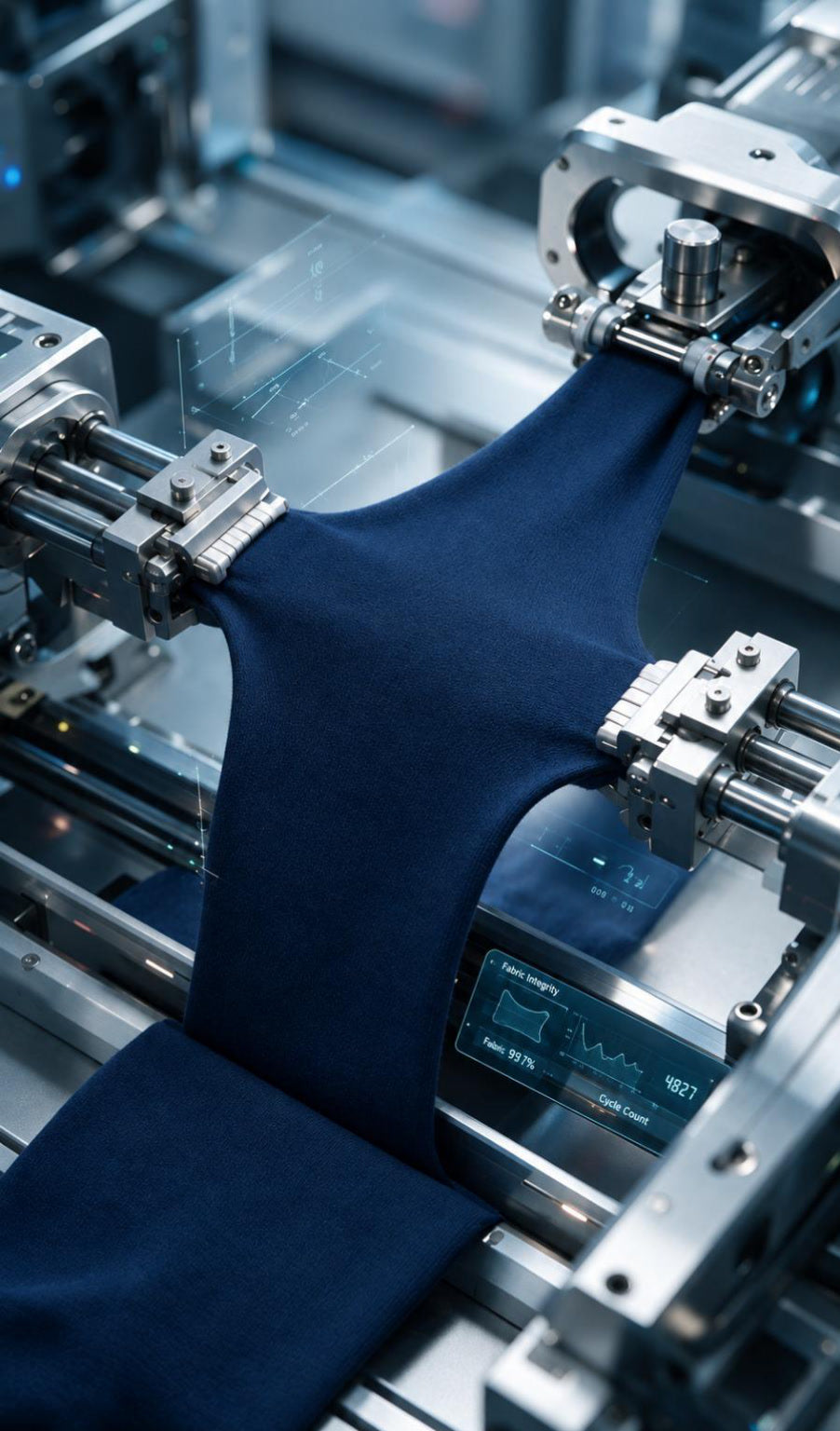 Vault & co fabric being stretch-tested, illustrating high-stretch cotton