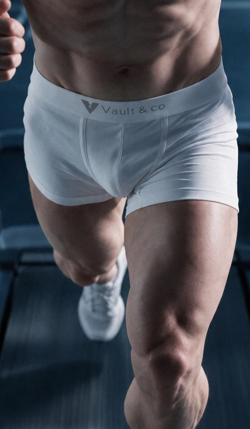 CotCloud men's cotton trunk in White — running, front view (Build Your Own 3-Pack)